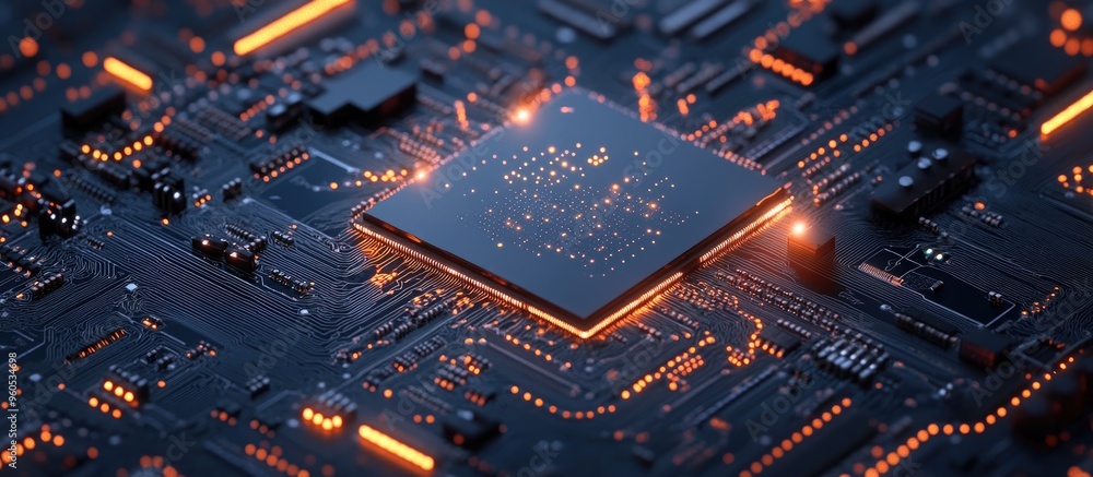 Poster central processing unit on circuit board showcasing artificial intelligence and deep learning in mod