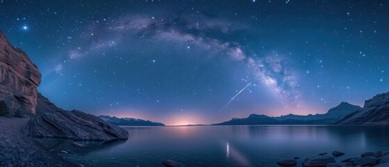 Fototapeta premium Celestial Glow: Bright Shooting Star Illuminating Calm Lake at Night