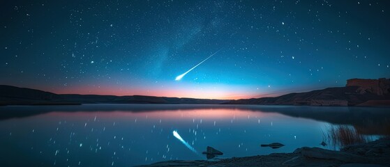 Naklejka premium Radiant Shooting Star Illuminating Tranquil Lake at Night