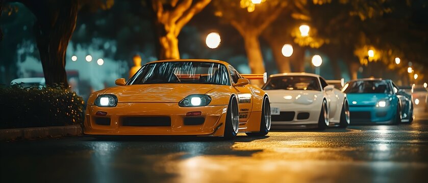 Thrilling night gathering of modified cars in the touge racing community with powerful vehicles glowing neon lights and a sense of speed and excitement on the urban streets