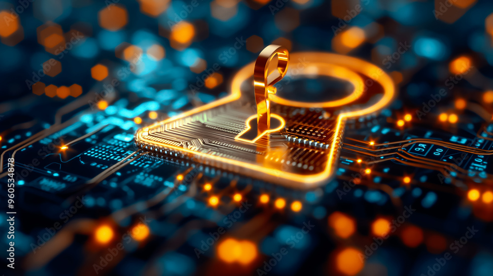 Poster a glowing lock represents data security, surrounded by a network of circuits and lights that illustr