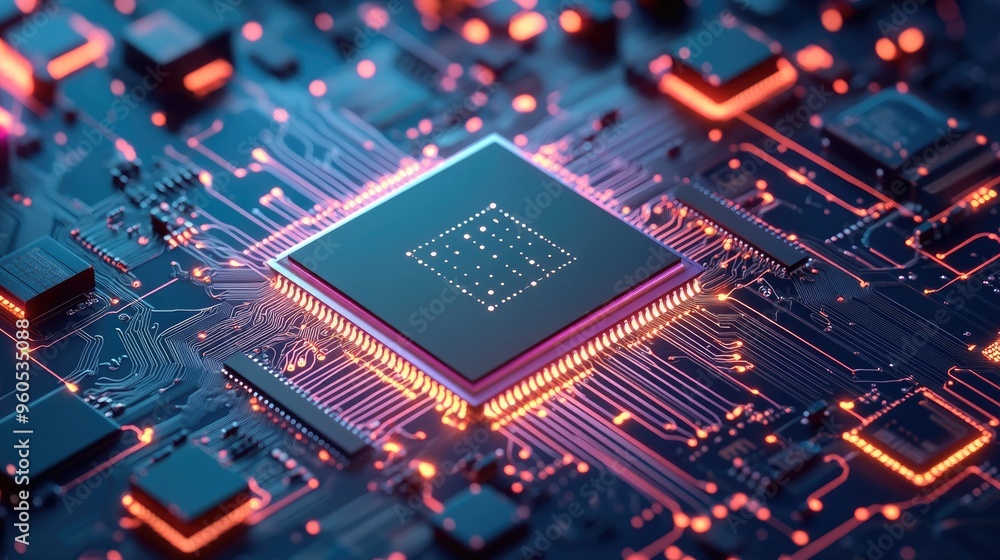 Poster technology concept background featuring a circuit board and a communication chip representing advanc