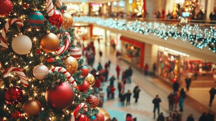 Festive Shopping Mall Christmas Tree with Oversized Ornaments, Candy Canes, and Lights