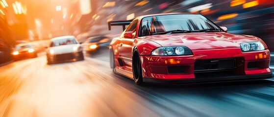Thrilling JDM Touge Racing Action with Tuned Red Sports Car in Motion Blur  photography concept showcasing the high speed drifting focused Japanese domestic motorsport event on winding mountain roads