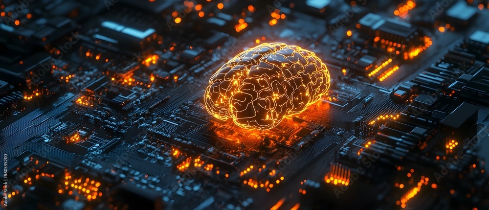 Poster glowing circuit board with an ai powered brain at its center symbolizing the core of intelligent mac