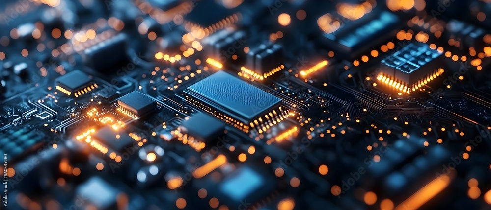 Poster detailed view of high performance semiconductor circuits and microchips showcasing the cutting edge 