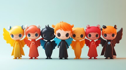 Colorful cartoon figures in a whimsical lineup showcase unique designs and vibrant hues, perfect for playful themes and creativity.