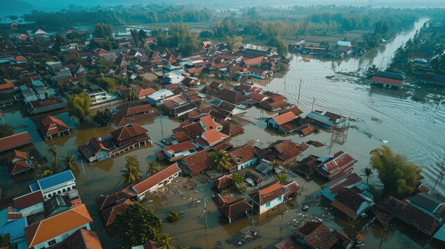Natural Disasters: Aerial View of Devastation from Flooding in Bekasi, Indonesia