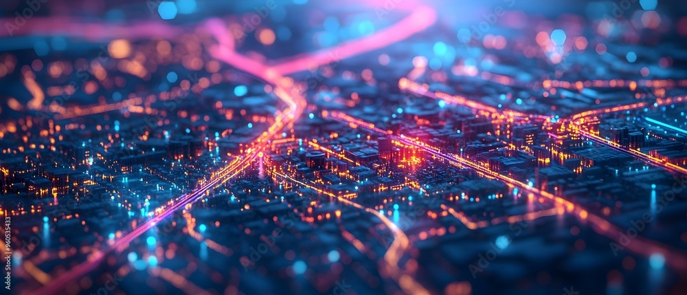 Poster digital city map with advanced ai powered traffic management system displaying optimized routes with