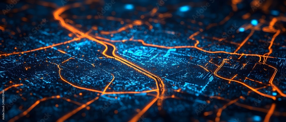 Poster futuristic digital city map showcasing an ai powered traffic management system with optimized routes