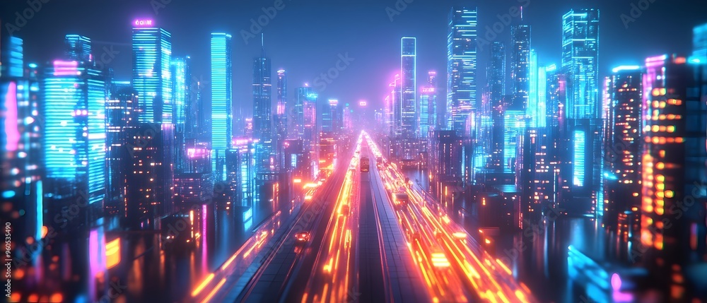 Poster vibrant and technologically advanced ai powered smart city skyline with glowing pathways autonomous 