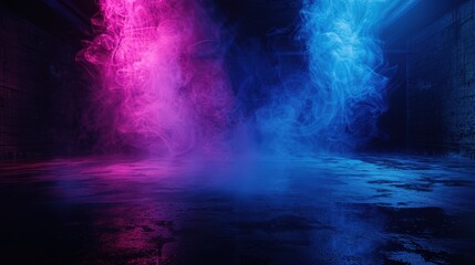 Fototapeta premium Neon Blue And Pink. Abstract Dark Background with Smoke in Dark Room