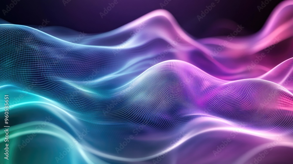 Poster futuristic technology background featuring smooth wave lines in a gradient of purple blue and green 