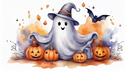 Ghost with cute watercolor Halloween's Day elements. Isolated on white background. Can be used for Halloween's day, greeting cards and invitations. Hand drawn watercolor illustration.	