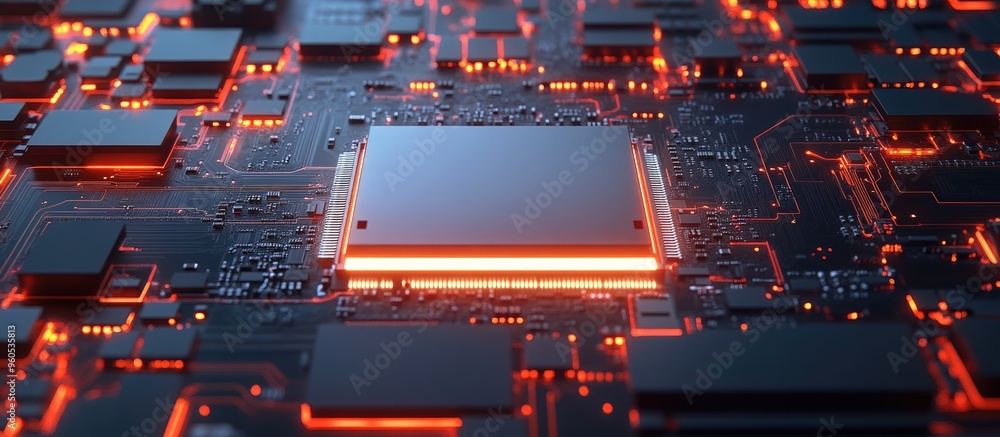 Poster back view of a computer motherboard with a cpu chip ideal for a technology or science themed backgro