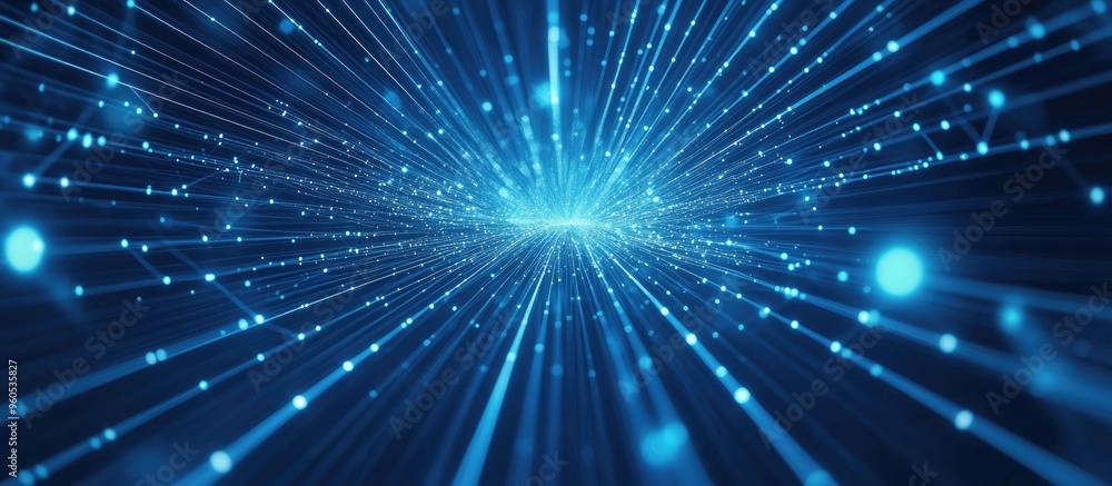 Poster lines and dots radiating from the center against a blue backdrop symbolizing information networks ar