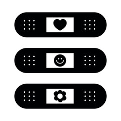 Vector Groovy Cartoon Band Aids or Plasters with Heart, Smiling Face and Flower on White Background. Hippie Trendy Aesthetic Design Stickers, Geometric. Retro Style 70s, 80s.