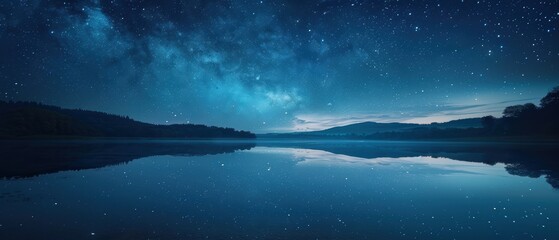 Fototapeta premium Serene Night: Stunning Picture of Starry Sky Reflection in Tranquil Lake, Nature's Beauty Captured