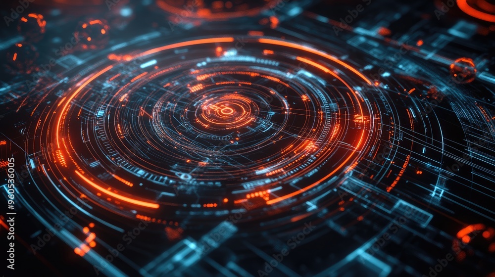 Poster abstract image featuring circles overlaying radars with computer language elements on a dark backgro