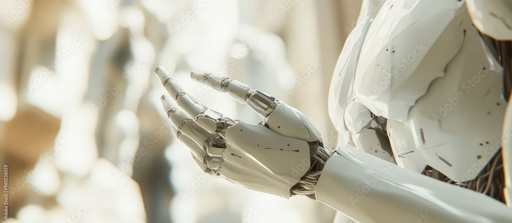 Poster ai robotic hand in a white 3d rendering juxtaposed with human hands in the background