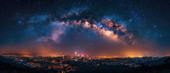 Fototapeta premium Glowing Milky Way Majesty Captured in Over Urban Skyscrapers - Ideal for Astrophotography Enthusiasts