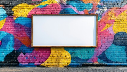 Blank Billboard on Colorful Brick Wall