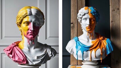 Fototapeta premium This captivating bust features contrasting vibrant colors, with paint dripping down its face, showcasing the fusion of classical art and modern expression in an elegant setting