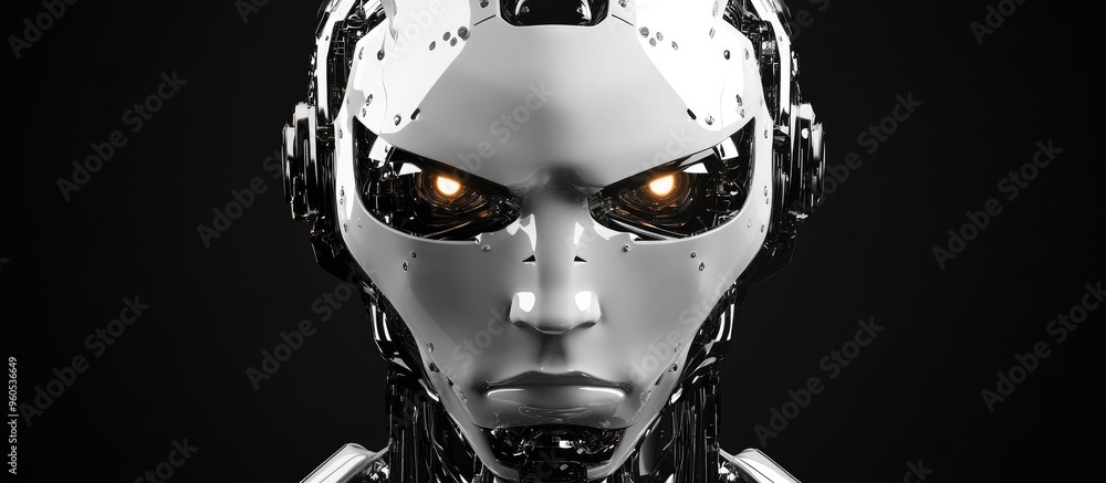 Poster highly detailed humanoid robot face or cyborg head exhibiting a serious or angry expression front vi