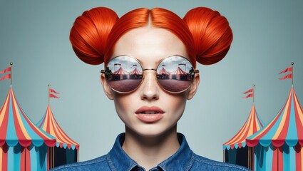 With striking orange hair styled in playful buns, a woman wearing oversized sunglasses captures the essence of a colorful circus, embodying fun and artistic flair amidst festive tents