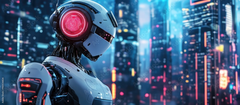 Poster robot exploring artificial intelligence technology with a futuristic cityscape in the background