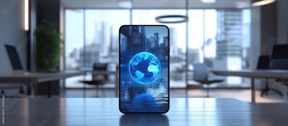 Poster modern mobile phone displaying a blue world in an office setting featuring a 3d rendering
