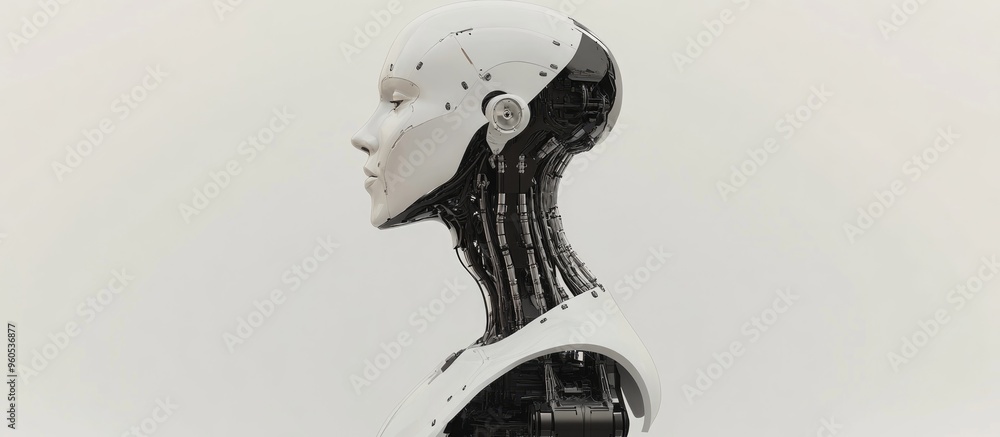 Poster unique neck structure and elongated arms of a smart robot in a side view 3d rendering