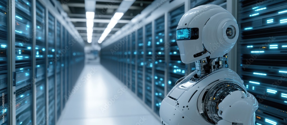 Poster 3d robot in an advanced server room showcasing robotic process automation document management digita