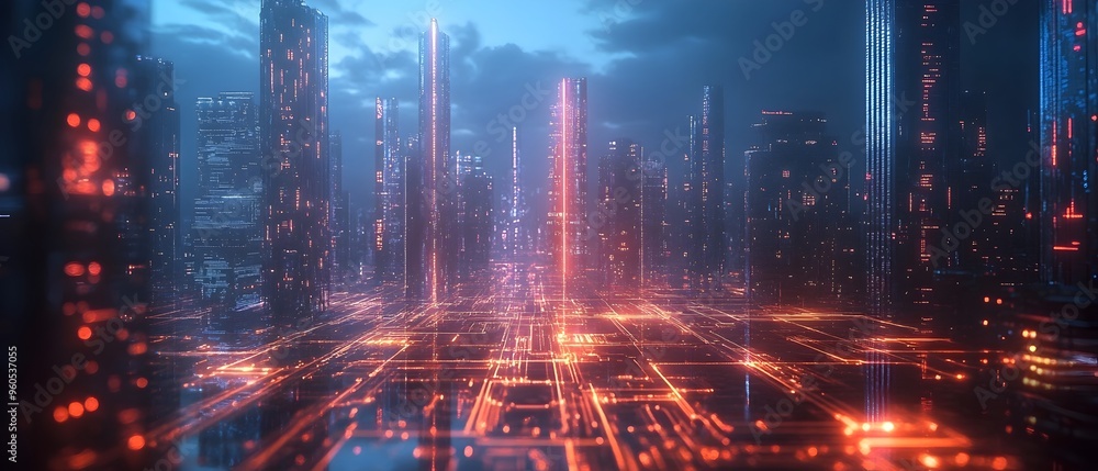 Poster a futuristic cityscape powered by advanced technology with glowing circuit lines running through the