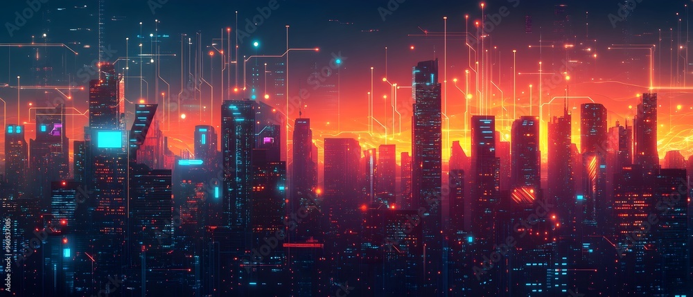 Poster a mesmerizing futuristic cityscape powered by advanced technology with glowing circuit lines running