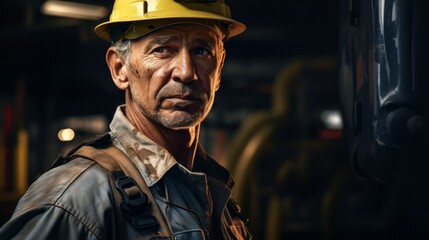Oil worker in helmet on dark industrial background. Neural network ai generated art