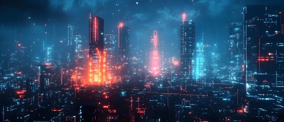 Fototapeta premium A stunning futuristic cityscape powered by advanced technology with glowing circuit lines running through the towering skyscrapers and infrastructure