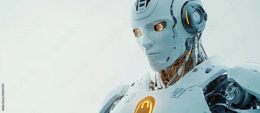 Poster humanoid robot displaying a lock symbol 3d render depicting advanced technology