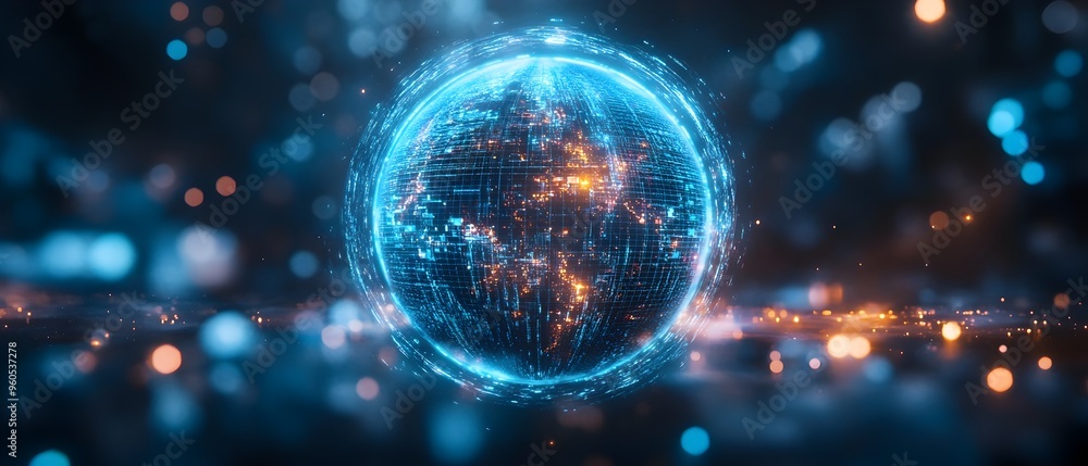 Poster glowing holographic globe with data points and visualization representing advanced ai powered global
