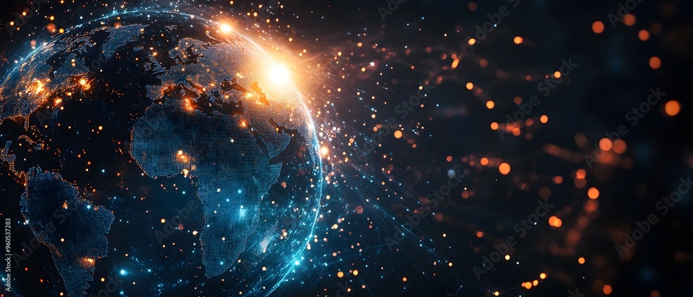 Poster glowing ai powered globe with digital data streams flowing into it symbolizing global connectivity a