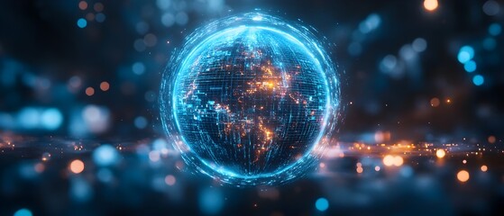 Glowing holographic globe with data points and visualization representing advanced AI powered global forecasting and analysis for business intelligence strategy and future planning