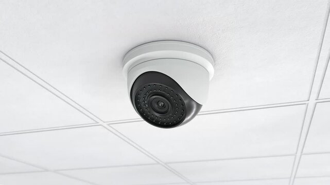 Close up on a security camera mounted to the office ceiling. Loopable animation of a white security camera.