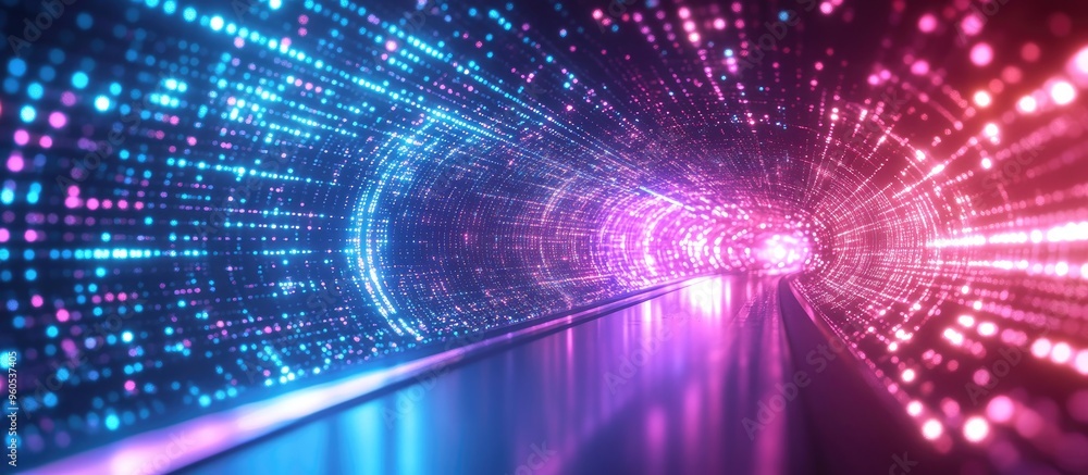 Poster journey through a vibrant digital led tunnel composed of luminous dots creating an abstract technolo