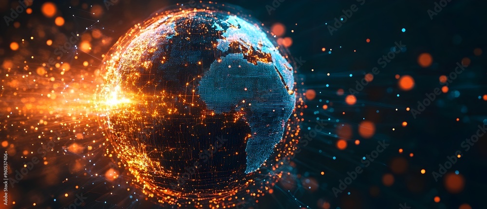 Poster glowing holographic ai powered predictive globe visualizing complex global data trends and analytics