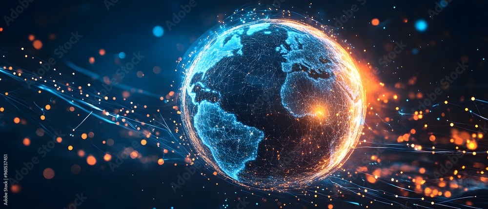 Poster Glowing and Illuminated AI Powered Globe with Dynamic Streams of Digital Data Flowing Across the World Symbolizing Global Connectivity and Technological Advancement