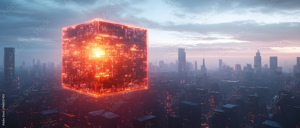 Poster glowing ai powered cube floating above a futuristic city skyline symbolizing the centralized intelli