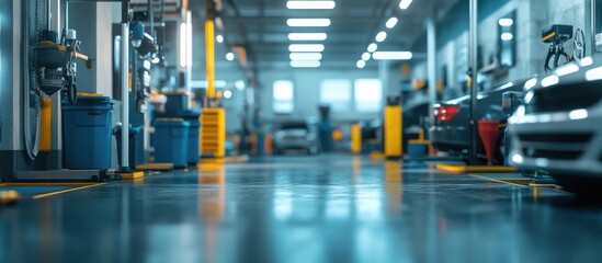 Abstract blurred interior of a car garage featuring a defocused mechanic service area and an auto repair workshop Soft focus on car care station background