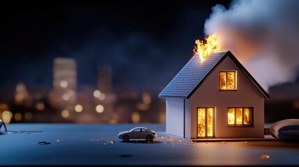 Miniature blue house model ablaze in living room with smoke filling the air and a toy car nearby, an evocative design concept captured creatively