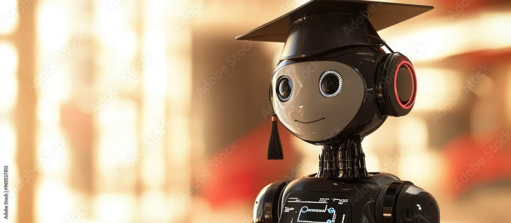 Poster 3d rendering of a robot wearing a graduation cap illustrating the concept of machine learning