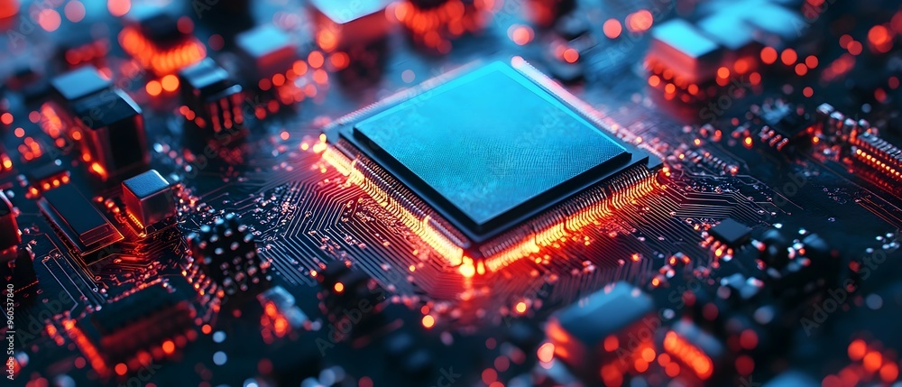 Poster innovative semiconductor chip design concept with high tech circuits and nanotechnology photography 
